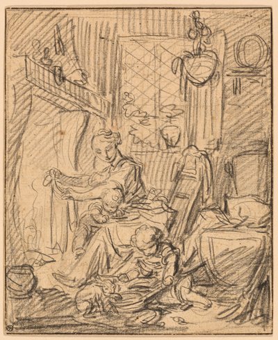 Scène domestique : Mère avec deux petits enfants devant une cheminée - François Boucher