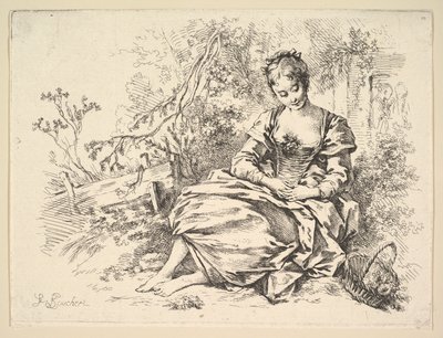 Jeune fille dans un paysage avec un panier de fleurs - François Boucher