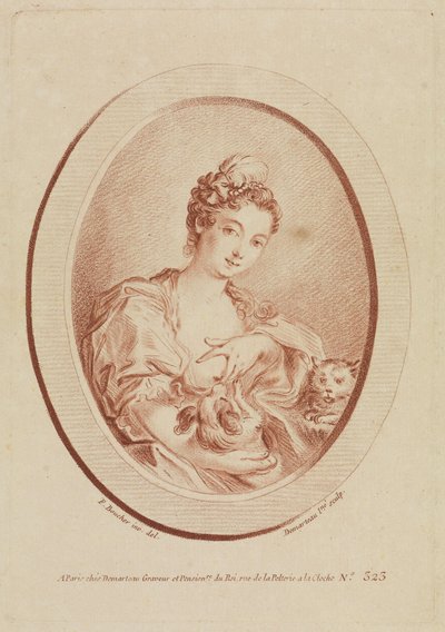 Jeune femme avec un petit chien et un chaton - François Boucher