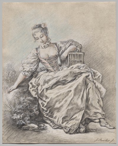 Femme assise tenant une cage à oiseaux - François Boucher