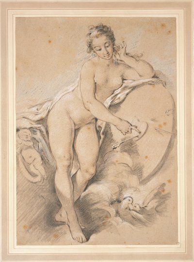 Vénus debout, faisant un geste vers un cœur dessiné sur une cible, avec deux colombes - François Boucher