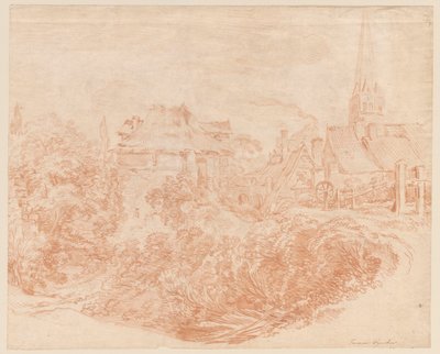 Vue sur les bâtiments ruraux et le clocher de l