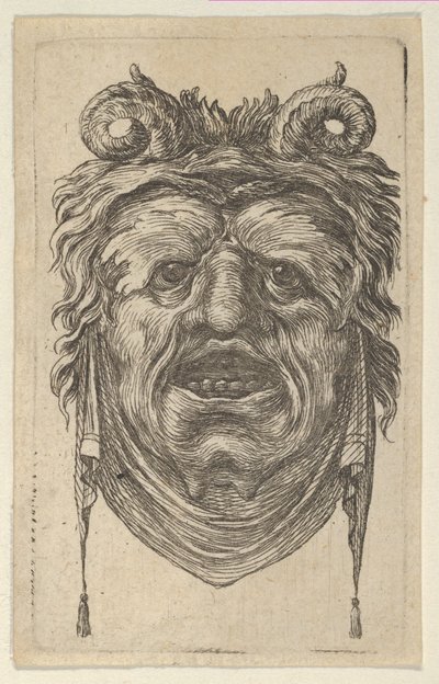 Masque de satyre avec cornes bouclées, sourcils feuillus et un tissu sous le menton, vers 1635-45 - Francois Chauveau