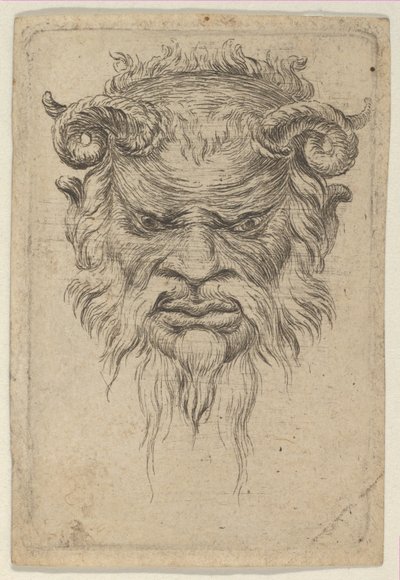 Masque de satyre avec cornes bouclées regardant vers le bas, de Divers Masques - Francois Chauveau