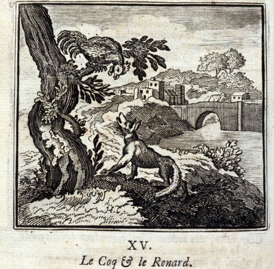 Le coq et le renard. Fables de Jean de La Fontaine (1621-95). Illustration de François Chauveau (1613-1676). Édition de 1728. - Francois Chauveau