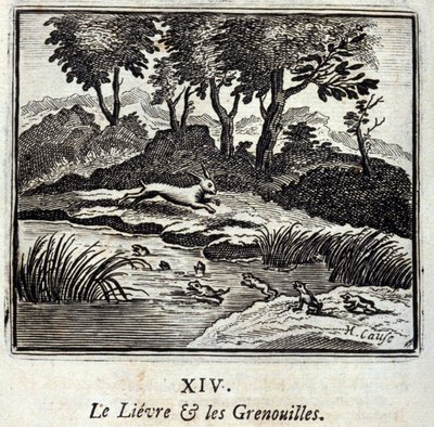 Le lièvre et les grenouilles. Fables de Jean de La Fontaine (1621-95). Illustration par François Chauveau (1613-1676). Édition de 1728. - Francois Chauveau