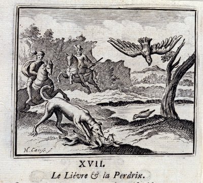 Le lièvre et la perdrix. Fables de Jean de La Fontaine (1621-95). Illustration par François Chauveau (1613-1676). Édition de 1728. - Francois Chauveau