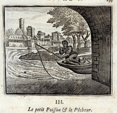 Le Petit Poisson et le Pêcheur. Fables de Jean de La Fontaine (1621-95). Illustration de François Chauveau (1613-1676). Édition de 1728. - Francois Chauveau