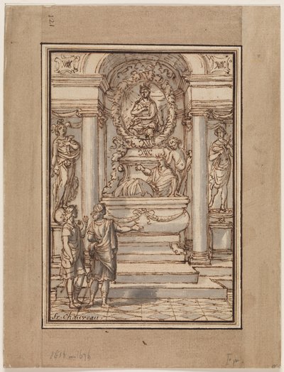 Deux hommes en draperie antique devant une tombe - Francois Chauveau
