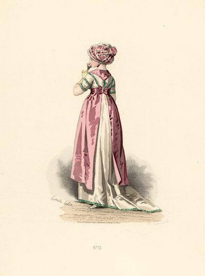 Femme en robe blanche et corsage avec garniture verte, tablier rose - Francois Claudius (after) Compte Calix