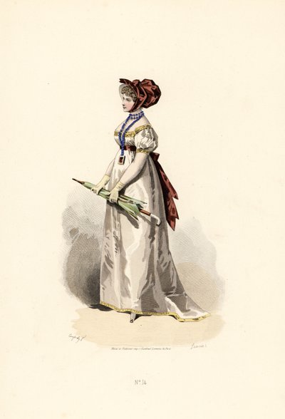 Femme en robe blanche avec garniture couleur paille et ceinture grenat - Francois Claudius (after) Compte Calix