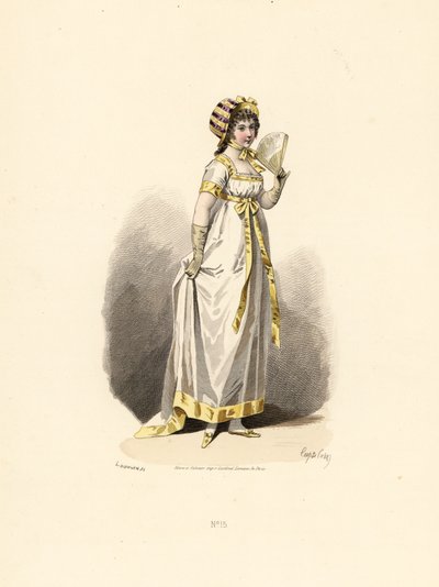 Femme en robe blanche avec garniture jaune avec éventail - Francois Claudius (after) Compte Calix
