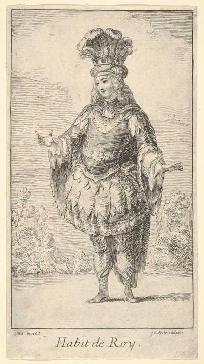 Habit de Roy : un homme portant un tonnelet décoré de rosettes, une couronne et un turban, vers 1721 - Francois Joullain