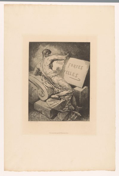 Page de titre avec homme sur un monument en pierre (série: Eaux-fortes nouvelles, 1877) - Francois Nicolas Chifflart