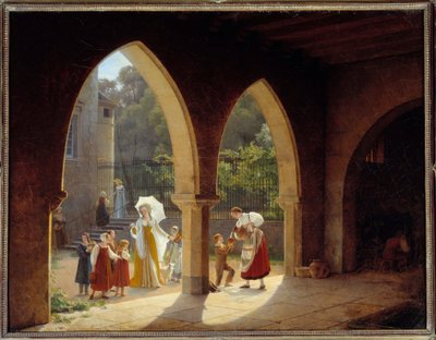 Madame Élisabeth de France (1764-1794), sœur de Louis XVI assistant à la distribution de lait dans sa maison de Montreuil près de Versailles. Peinture par François Richard Fleury (1777-1852). Versailles, musée du château - Francois Richard Fleury