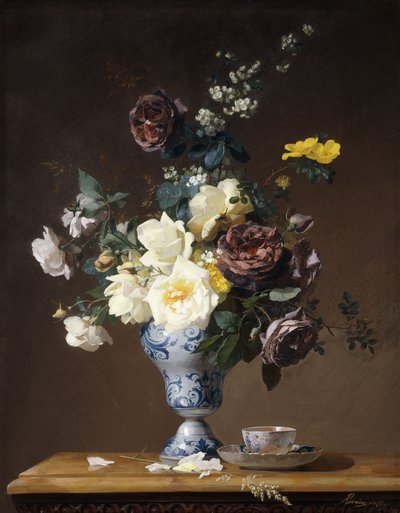 Roses et autres fleurs dans un vase bleu et blanc et une tasse de thé sur un rebord, 1876 - Francois Rivoire