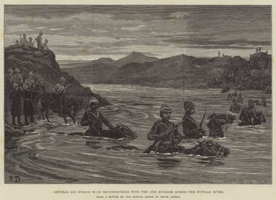 Le général Sir Evelyn Wood en reconnaissance avec les 15e hussards à travers la rivière Buffalo - Frank Dadd