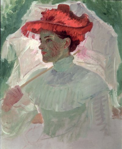 Femme au chapeau rouge et au parasol - Frank Duveneck