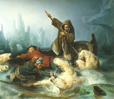 French: Battez les ours polaires / La chasse aux ours polair Fight with Polar Bears - François Auguste Biard