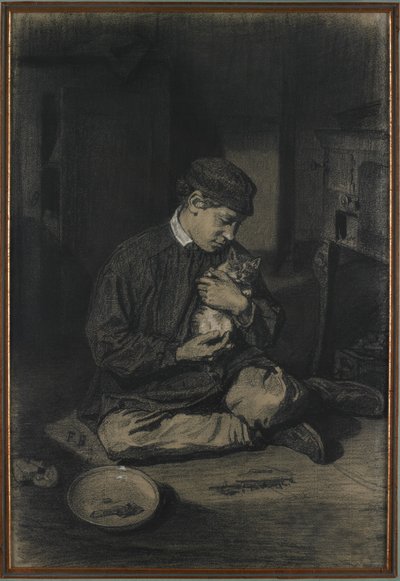 Garçon assis tenant un chat (recto); Étude de chatons et une assiette de lait (verso), c. 1874-80 - François Bonvin