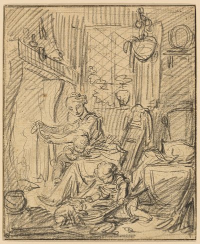 Scène domestique : Mère avec deux petits enfants devant une cheminée - François Boucher