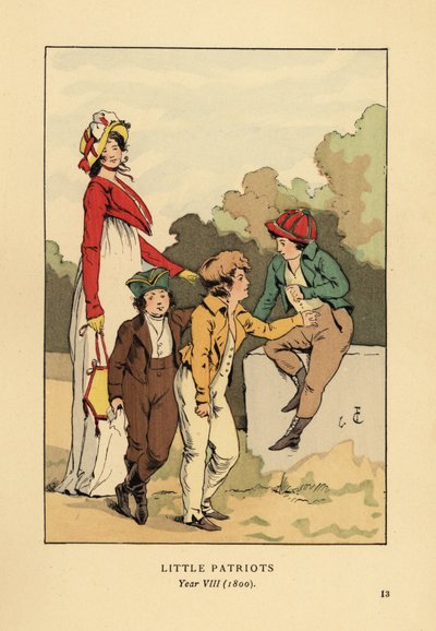Garçons en vestes et culottes avec Merveilleuse en robe romaine avec bonnet et veste spencer. Petits Patriotes, An VIII - François Courboin