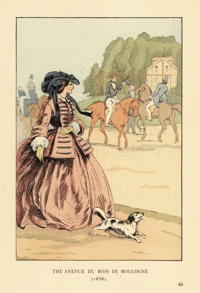 Femme en bonnet, veste et large crinoline avec un chien regardant des cavaliers et des carrosses sur la piste de course. L