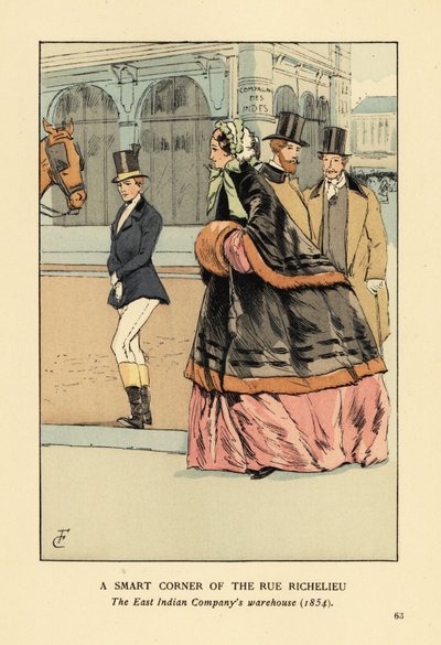 Femme en cape doublée de fourrure et manchon sur une large crinoline, avec une autre femme en tenue d