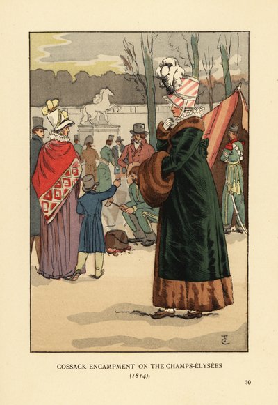 Femme en manteau doublé de fourrure avec manchon en fourrure visitant le bivouac des Cosaques Tatars et Kalmouks à Paris après la chute de Napoléon. Campement cosaque sur les Champs-Élysées - François Courboin
