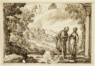 Scène mythologique non identifiée avec un homme et une femme conversant dans un paysage classique - François Roëttiers