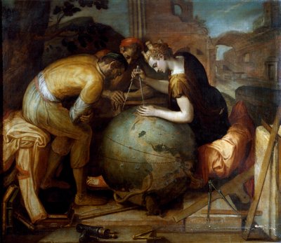 Géométrie. Allégorie et personnification de la Géométrie tenant un compas au-dessus d