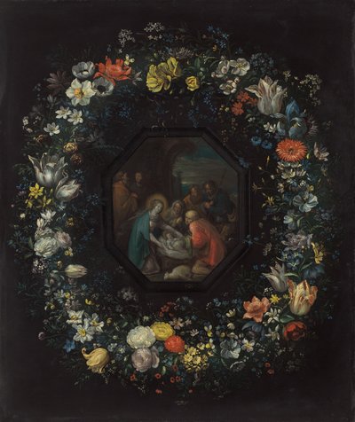 Guirlande de fleurs avec adoration des bergers - Frans Francken the Younger and Master HDB