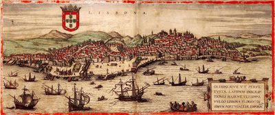 Vue de Lisbonne et du fleuve Tage : Civitates Orbis Terrarum - Frans Hogenberg