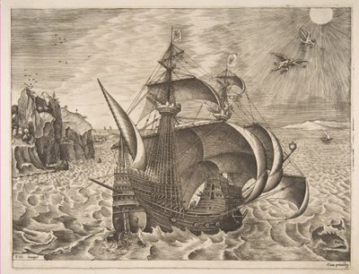 Trois-mâts armé avec Dédale et Icare dans le ciel, de Les navires à voile, 1561-65 - Frans Huys