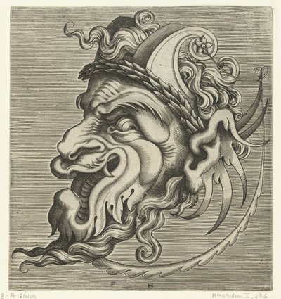 Masque de profil avec deux cornes de volutes et une couronne de laurier - Frans Huys
