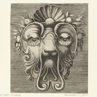 Masque avec des yeux en forme de coquille et une coquille entre des grappes de fruits sur le front (Pourtraicture ingenieuse de plusieurs facons de masques...) - Frans Huys