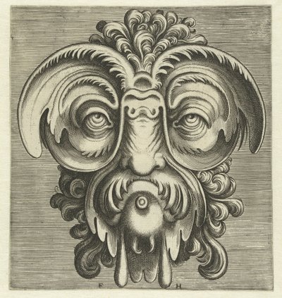 Masque avec des assiettes autour des yeux et une touffe de boucles sur la tête - Frans Huys