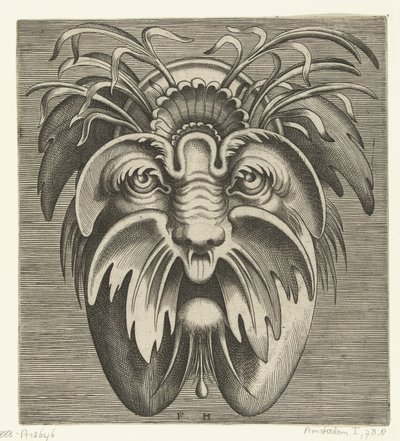 Masque avec des joues tombantes et une moustache, des herbes dans les cheveux - Frans Huys