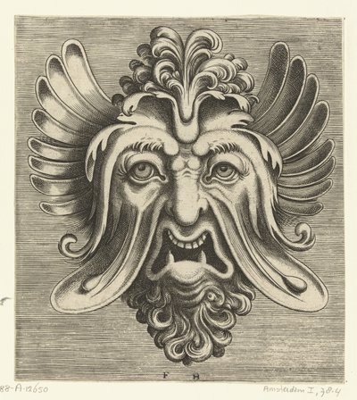 Masque avec joues tombantes, deux dents pointues et une touffe de boucles reposant sur la racine du nez - Frans Huys