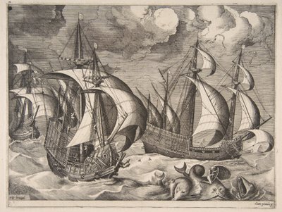 Trois caravelles dans une tempête montante avec Arion sur un dauphin (Les Vaisseaux à voile) - Frans Huys