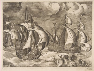 Trois caravelles dans une tempête montante avec Arion sur un dauphin de Les navires à voile, 1561-65 - Frans Huys