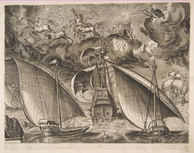 Deux galères naviguant derrière un trois-mâts armé avec Phaéton et Jupiter dans le ciel - Frans Huys