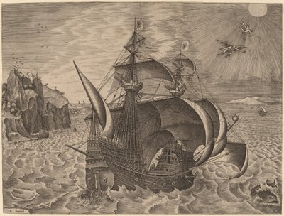 Trois-mâts armé avec Dédale et Icare dans le ciel - Frans Huys after Pieter Bruegel the Elder