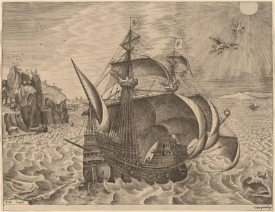 Trois-mâts armé avec Dédale et Icare dans le ciel - Frans Huys after Pieter Bruegel the Elder