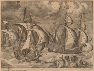 Trois caravelles dans une tempête montante avec Adrion sur un dauphin - Frans Huys after Pieter Bruegel the Elder