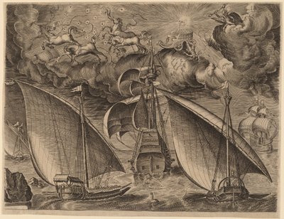 Deux Galères derrière un Trois-Mâts Armé avec Phaéton et Jupiter dans le Ciel - Frans Huys after Pieter Bruegel the Elder