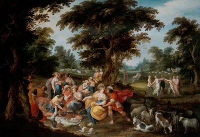 Arcadie : Un paysage pastoral avec des bergers et une bergère pique-niquant - Frans II the Younger Francken