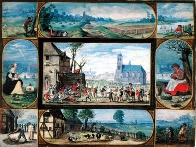 Composite de dix scènes allégoriques de la vie en ville et à la campagne (gouache avec touches d