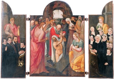 Triptyque : la résurrection de Lazare sur le compartiment central avec un donateur masculin agenouillé, présenté par Saint-Jacques et ses fils sur l