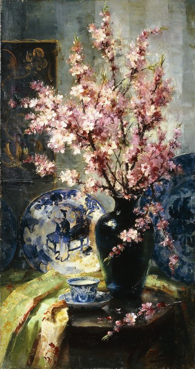 Fleurs de pommier et porcelaine bleue et blanche sur une table - Frans Mortelmans